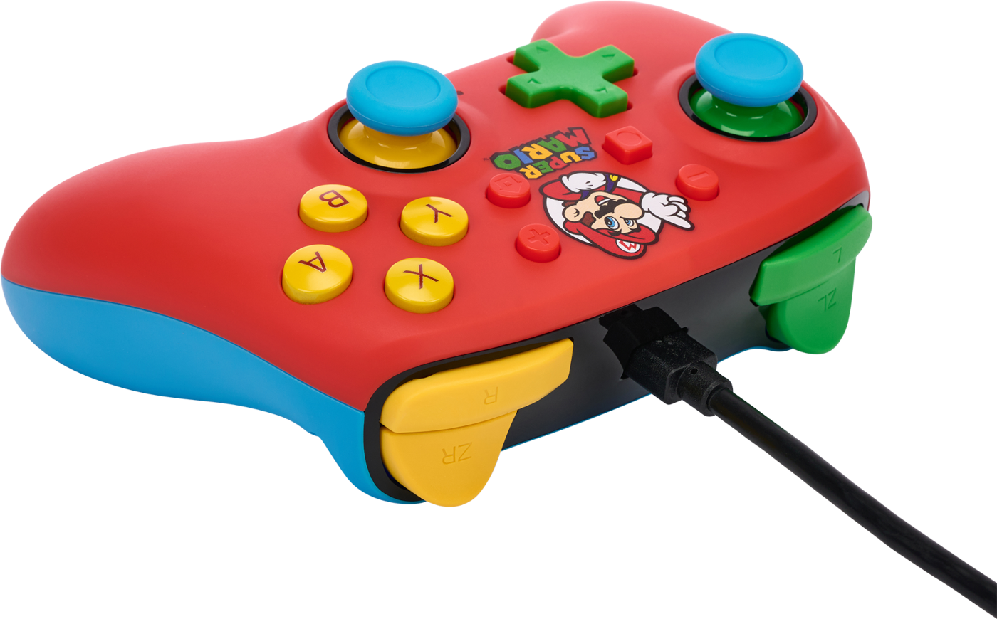 Super Mario kontroller, piros és kék, Mario grafikával és gombokkal.