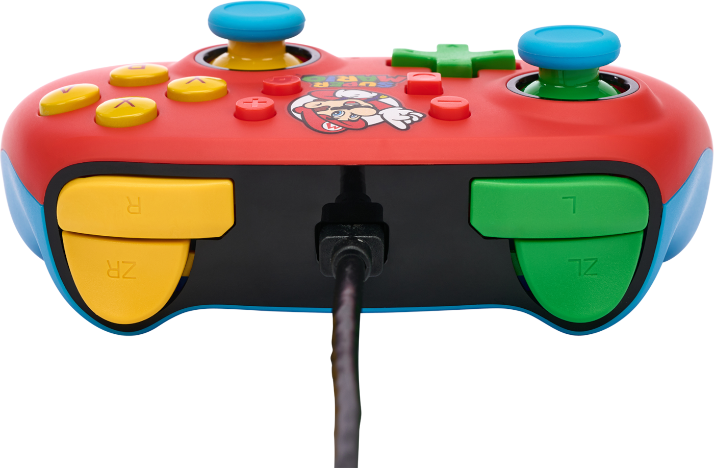 Piros-kék Mario témájú Nintendo Switch vezérlő piros és zöld gombokkal.