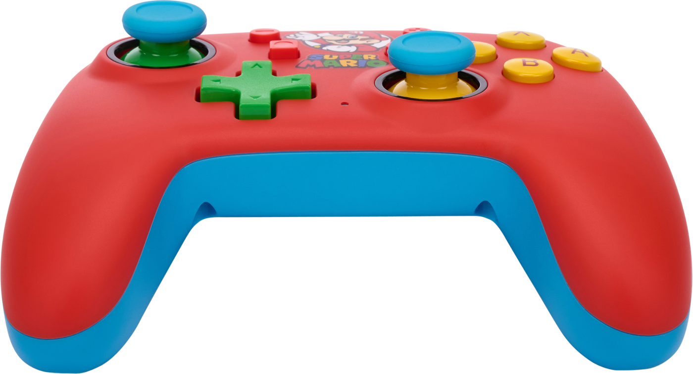 Piros és kék Super Mario játékvezérlő.