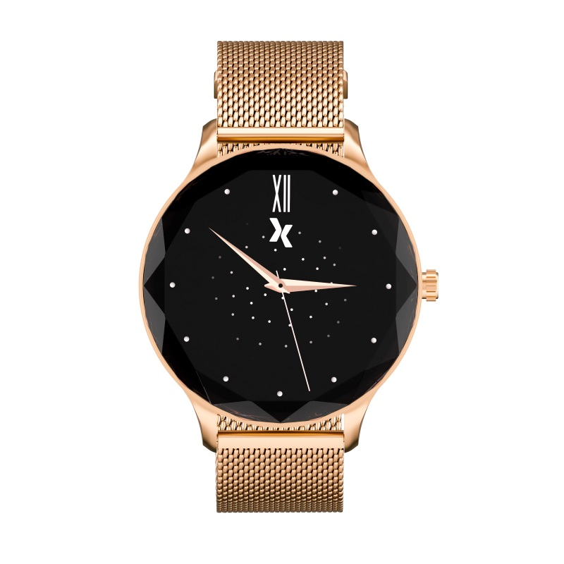 Złoty smartwatch z czarną tarczą i złotym paskiem z siatki.