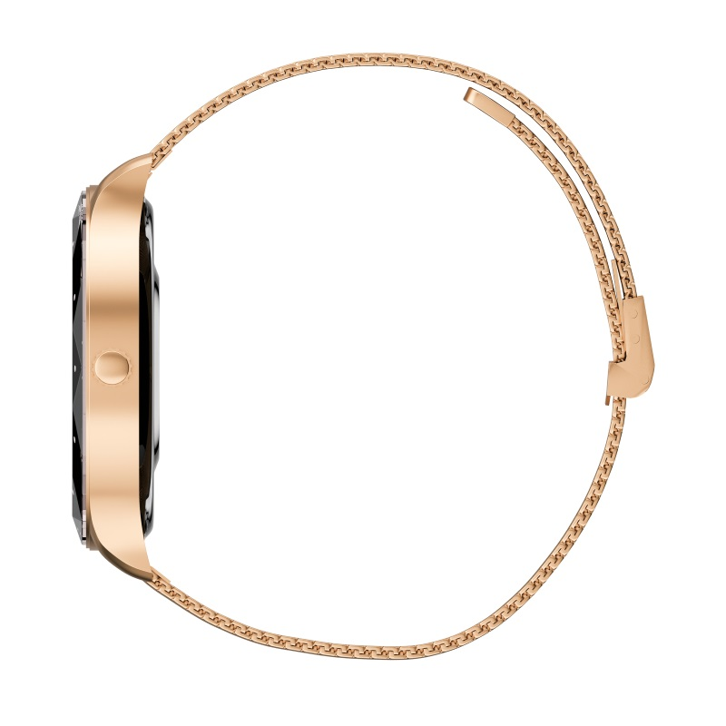 Złoty smartwatch z boku. Złoty pasek, czarna tarcza zegarka i widoczny przycisk.