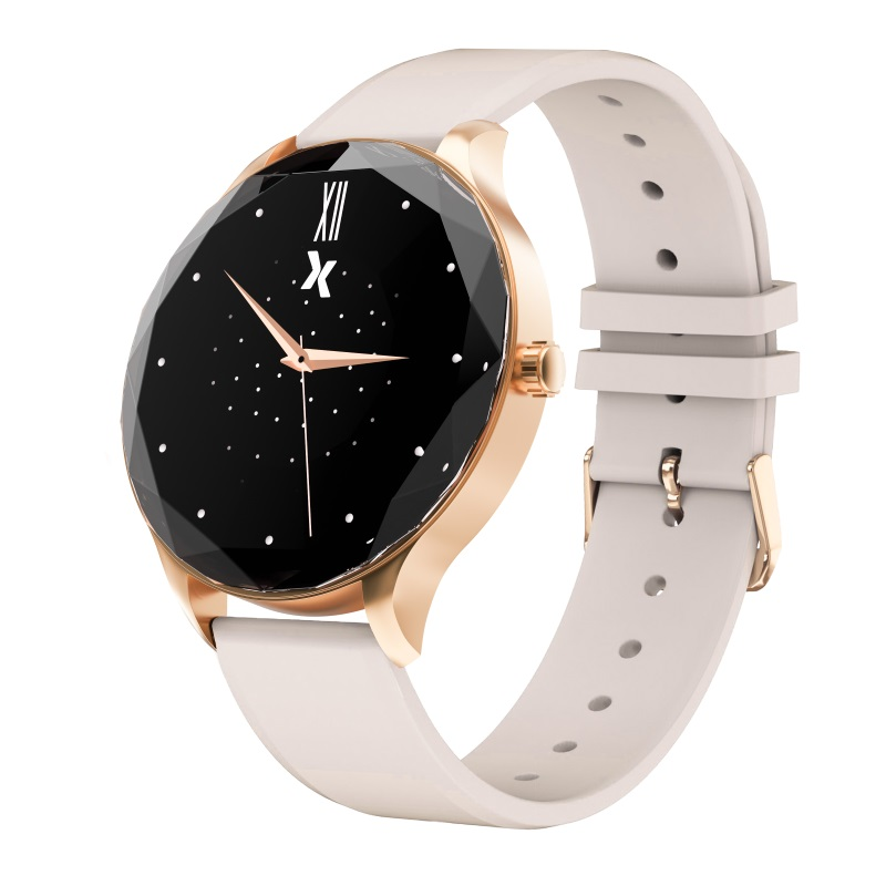 Złoty smartwatch z czarną tarczą i białym paskiem.