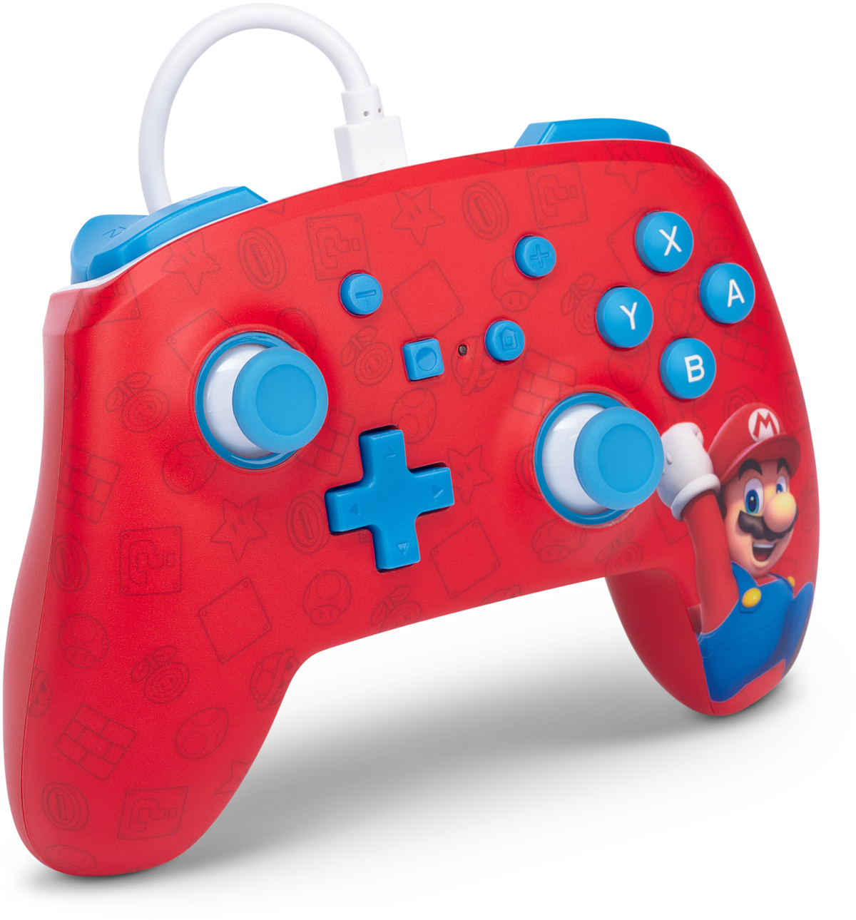 Piros Nintendo kontroller kék gombokkal és Mario képpel. Fehér kábel csatlakoztatva.
