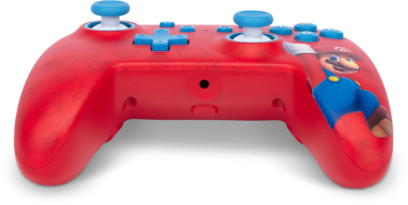 Piros Nintendo Switch kontroller Mario grafikával. Kék joystickek és gombok.