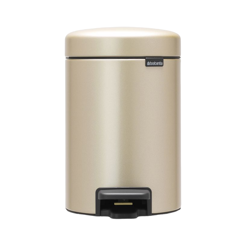 Goldene Brabantia-Mülltonne mit schwarzem Trittpedal. Sie ist zylindrisch.