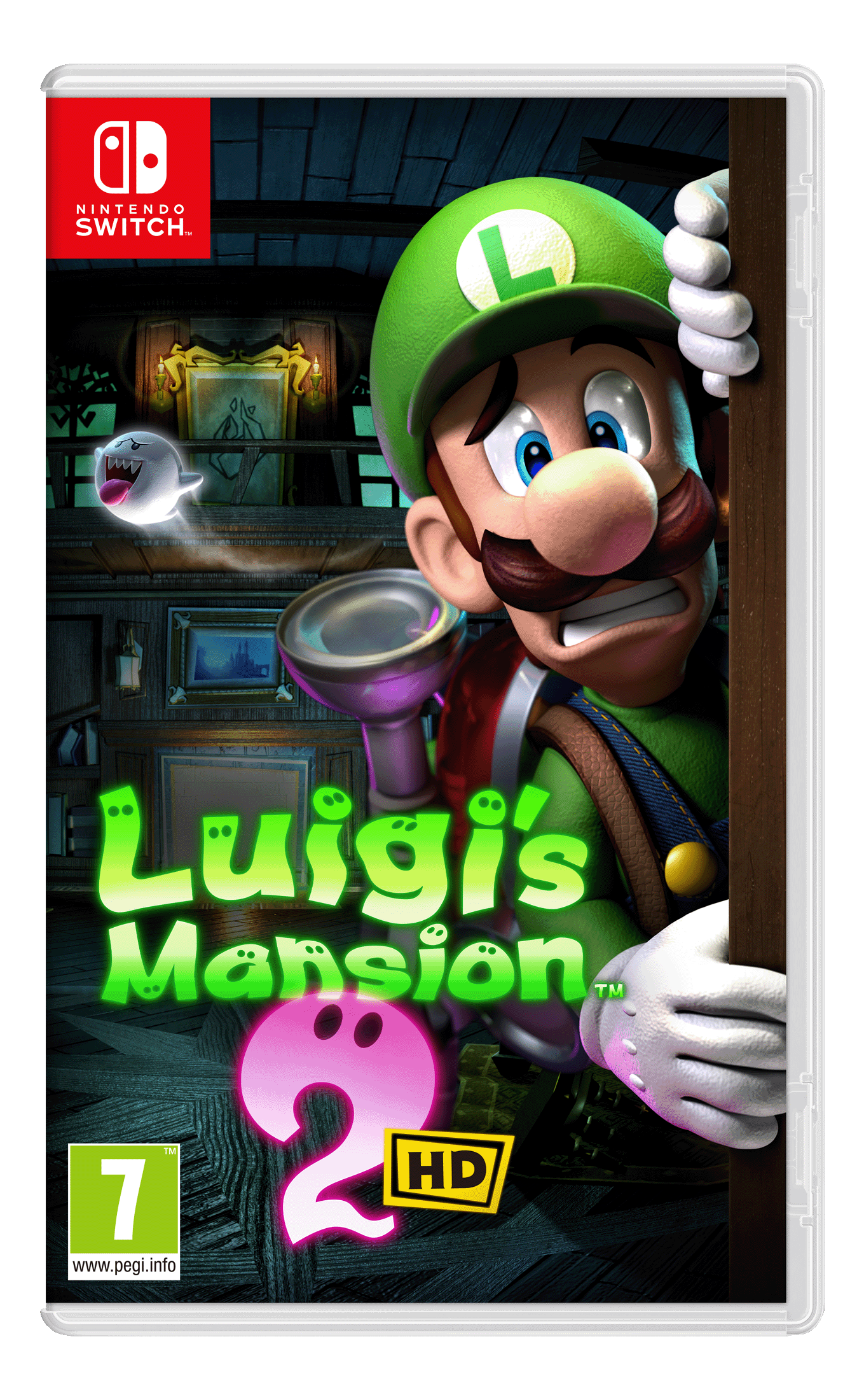 Custodia del gioco Luigi's Mansion 2 HD con Luigi, un fantasma e una villa infestata sullo sfondo.