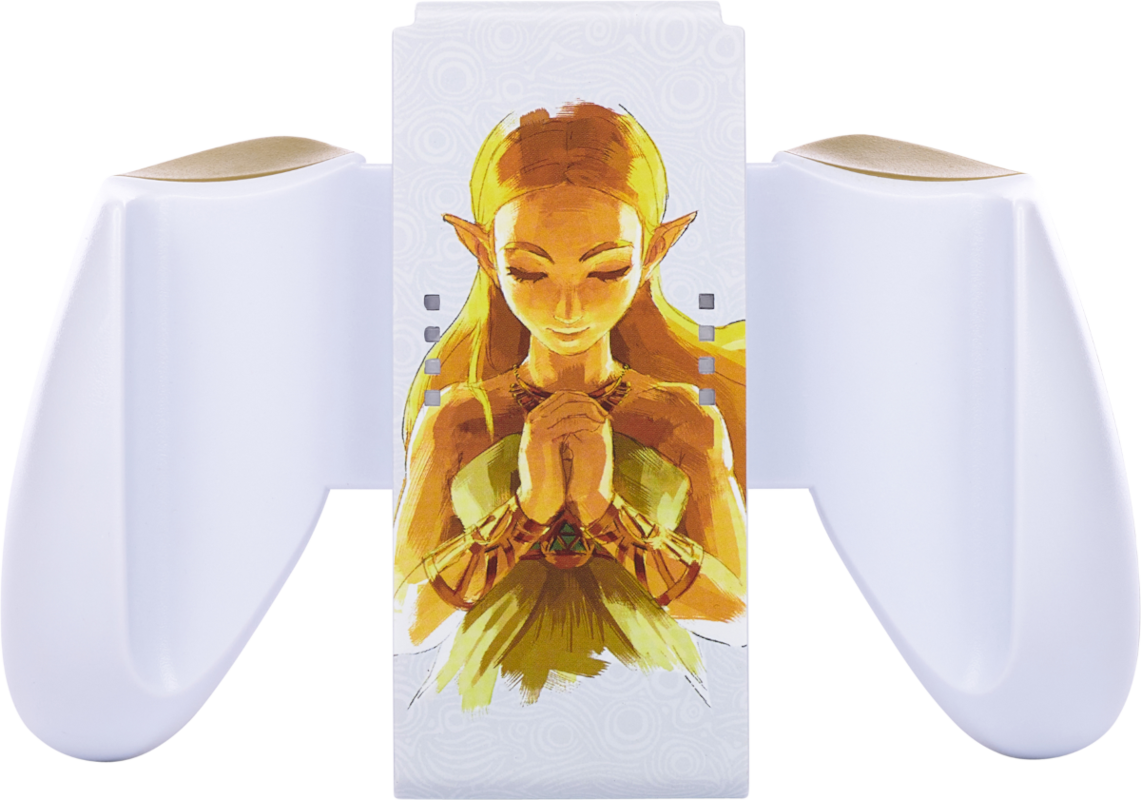 Fehér Switch kontroller Zelda grafikával. Arany részletek felül. Zelda középen látható.