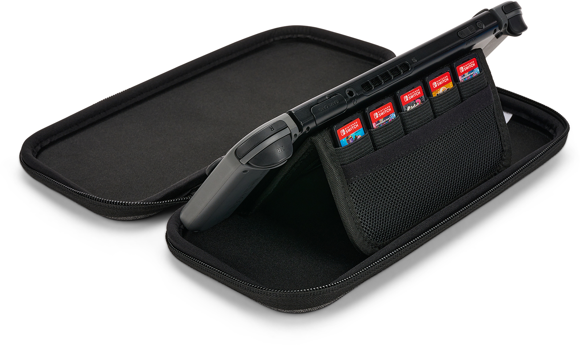 Fekete Nintendo Switch tok egy Switch konzollal és játékkazettákkal. A tok nyitva van.