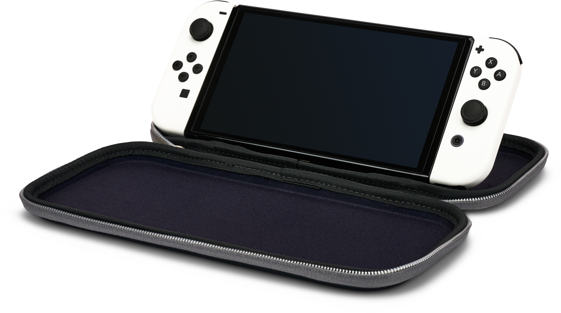 Egy fehér Nintendo Switch konzol egy szürke tokban, nyitva, hogy felfedje a képernyőt és a vezérlőket.