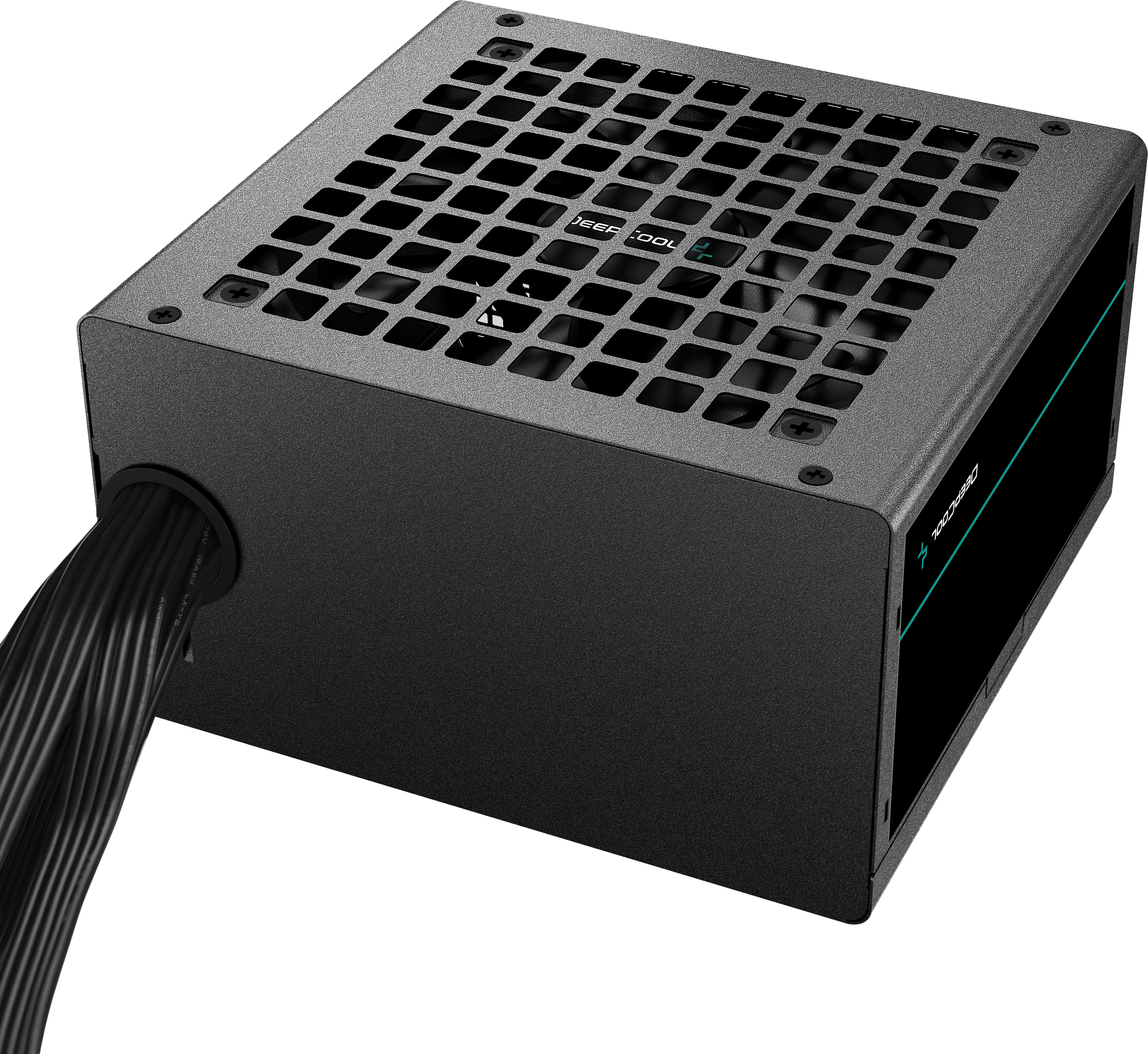 Egy fekete tápegység ventilátorráccsal és csatlakoztatott kábellel.
