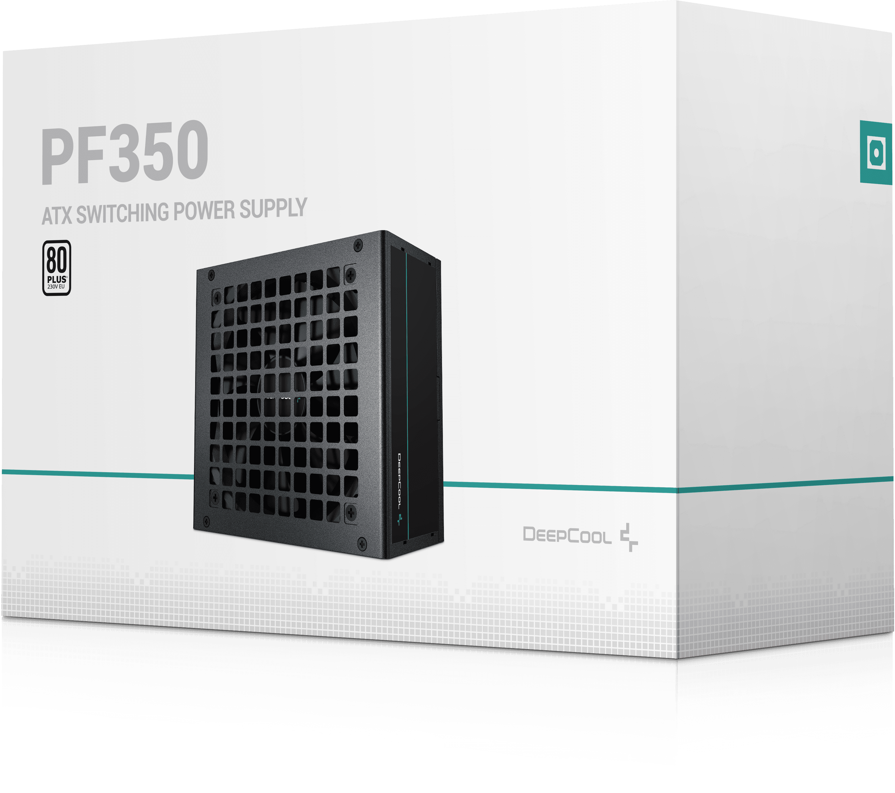 Egy DeepCool PF350 ATX kapcsolóüzemű tápegység a dobozában, fehér háttérrel.