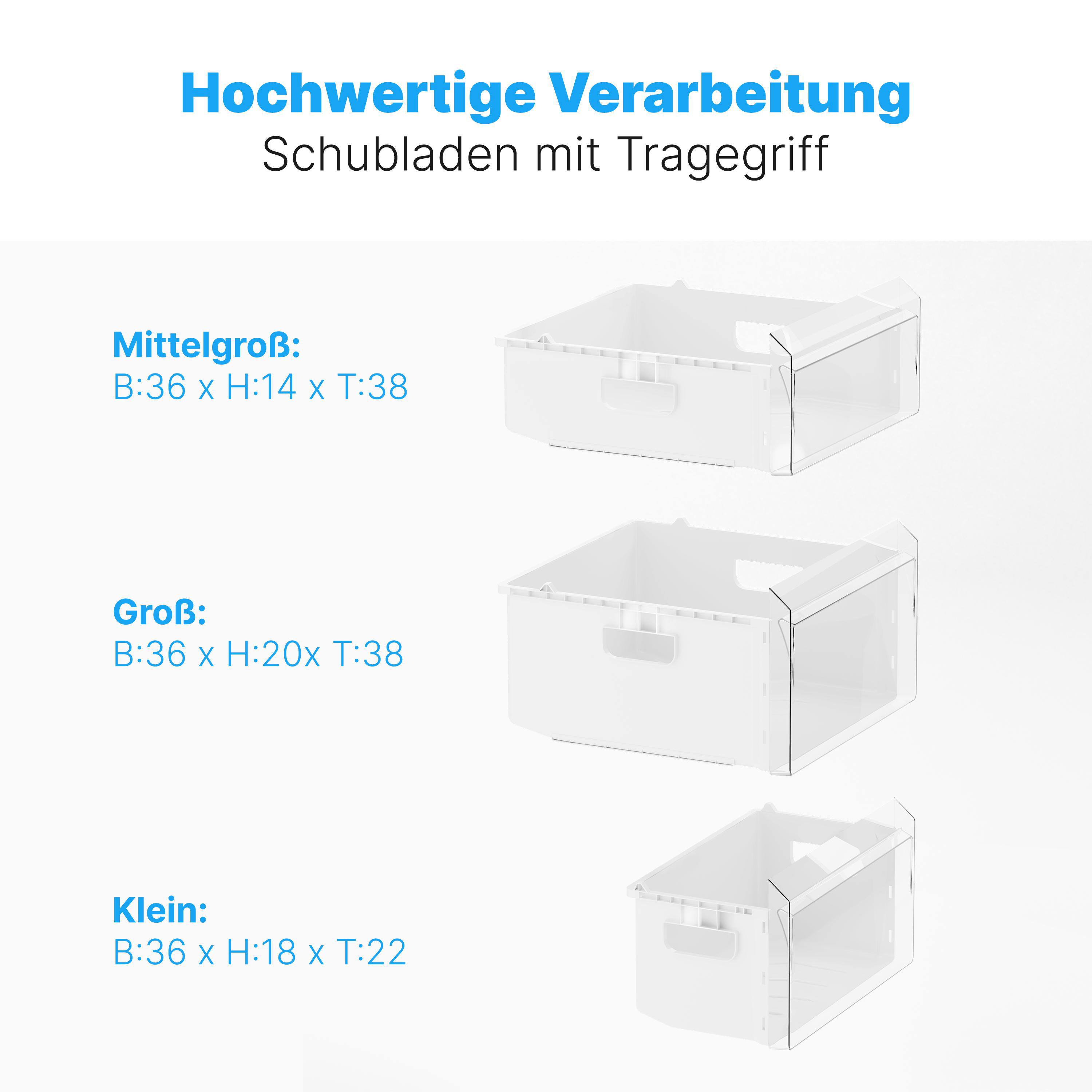 Drei weiße Aufbewahrungsschubladen mit verschiedenen Abmessungen, Text oben: 'Hochwertige Verarbeitung'.