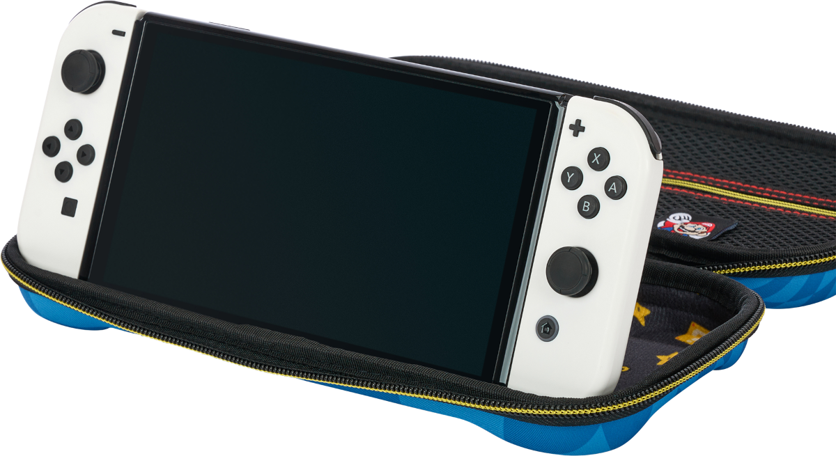 Fehér és fekete Nintendo Switch kék tokban.