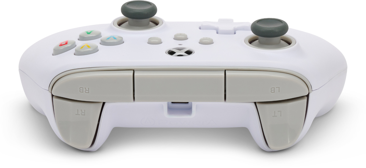 Fehér Xbox kontroller. Szürke joystickok, gombok és ravaszok. Színes gombok balra. Xbox logó középen.