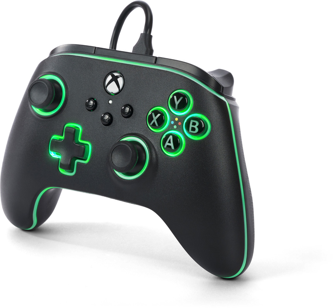 Fekete-zöld gamepad, világító zöld díszítéssel.