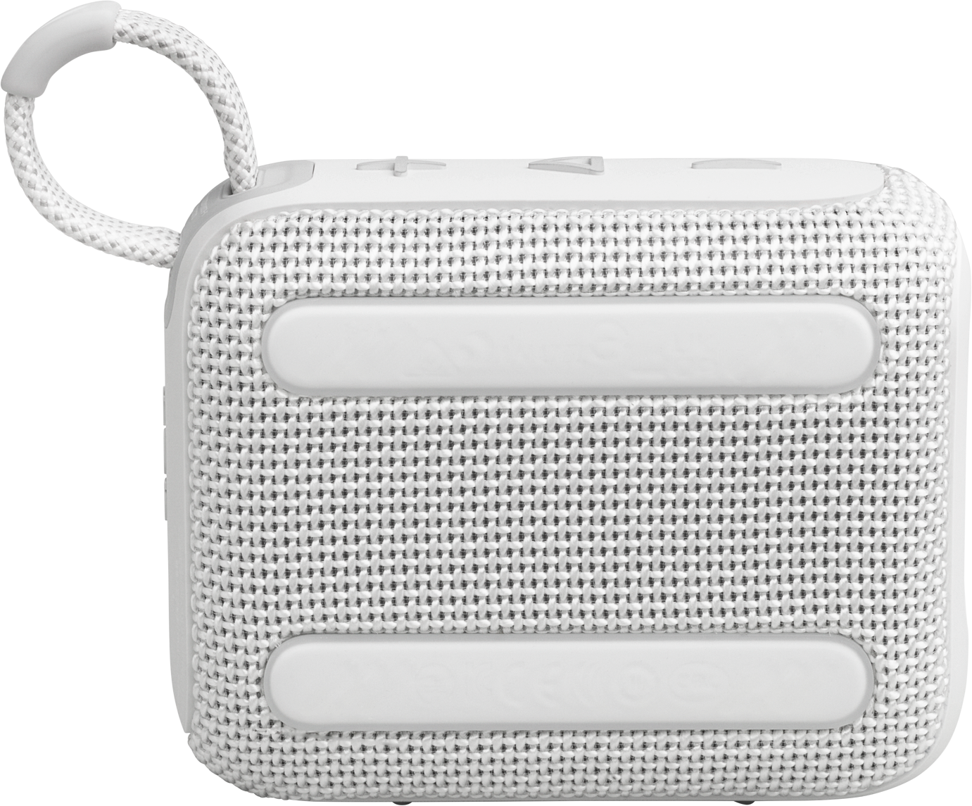 Haut-parleur portable blanc avec une poignée. Le haut-parleur a un design en tissu.