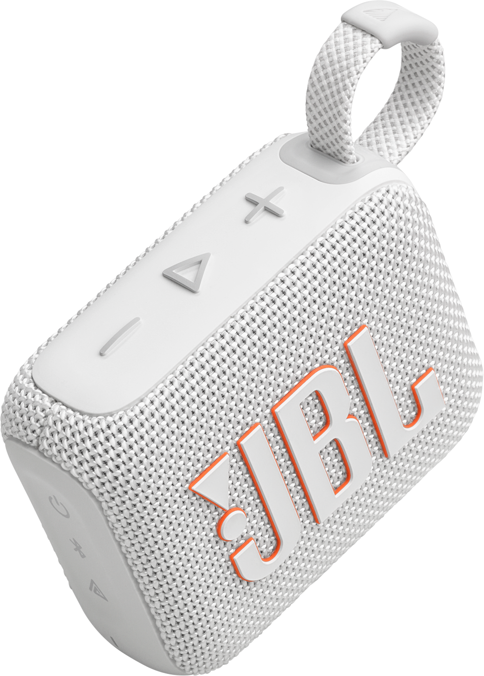 Haut-parleur JBL blanc et gris avec logo JBL orange. Sangle blanche sur le dessus. Vue en angle.