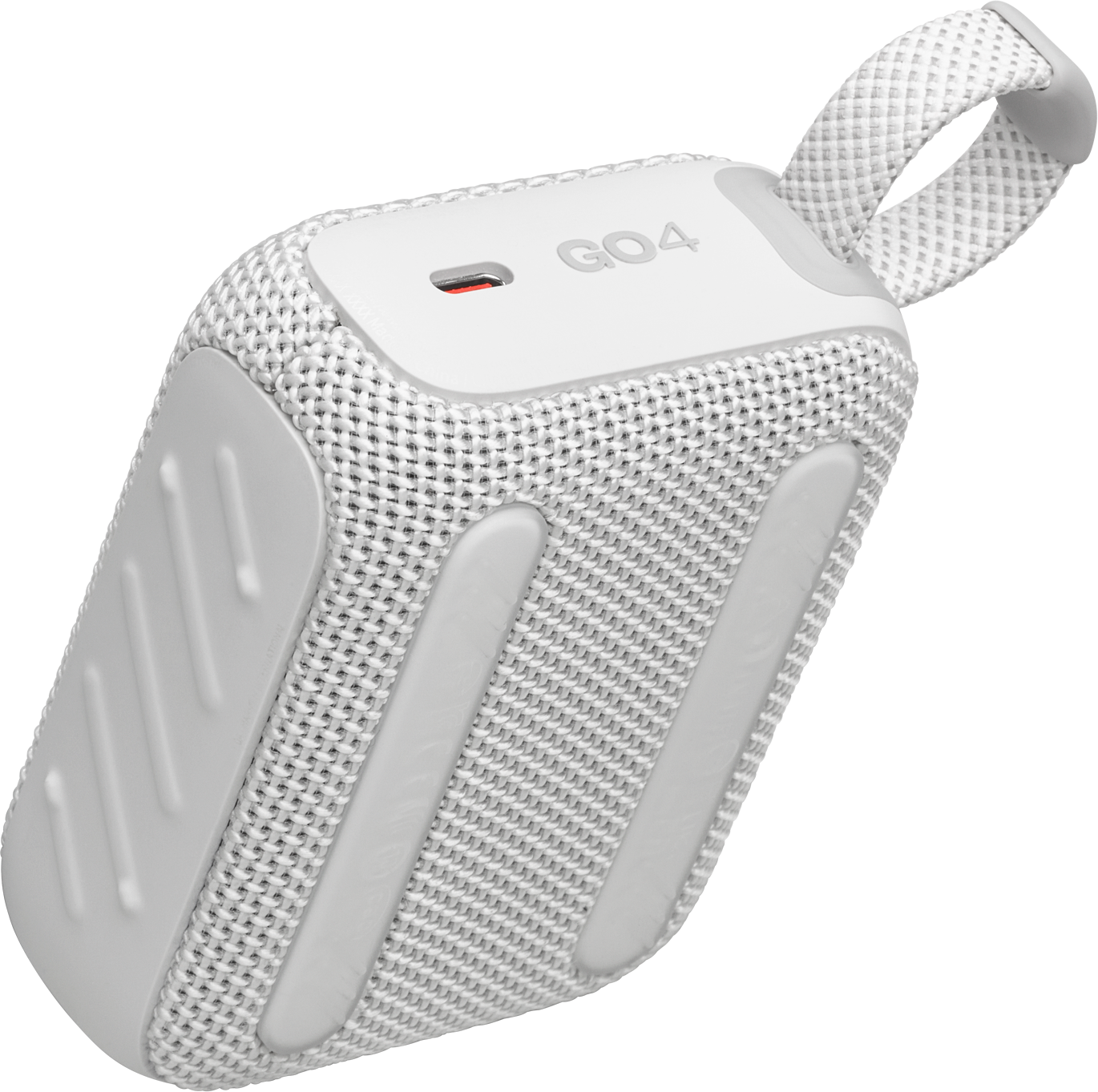 Haut-parleur portable blanc et gris avec une poignée.