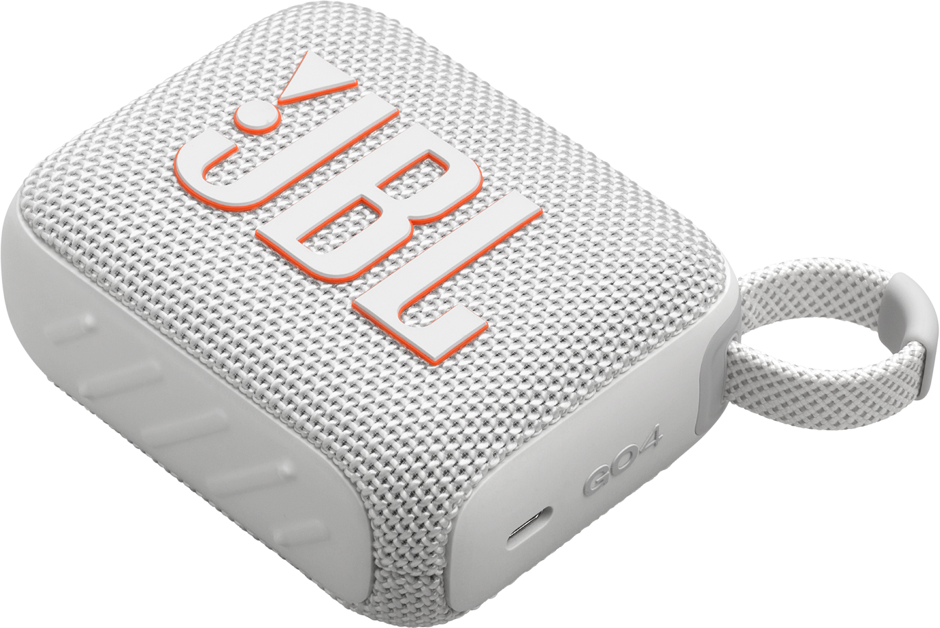 Haut-parleur JBL Go 4 blanc et gris avec logo JBL orange, vue en angle.