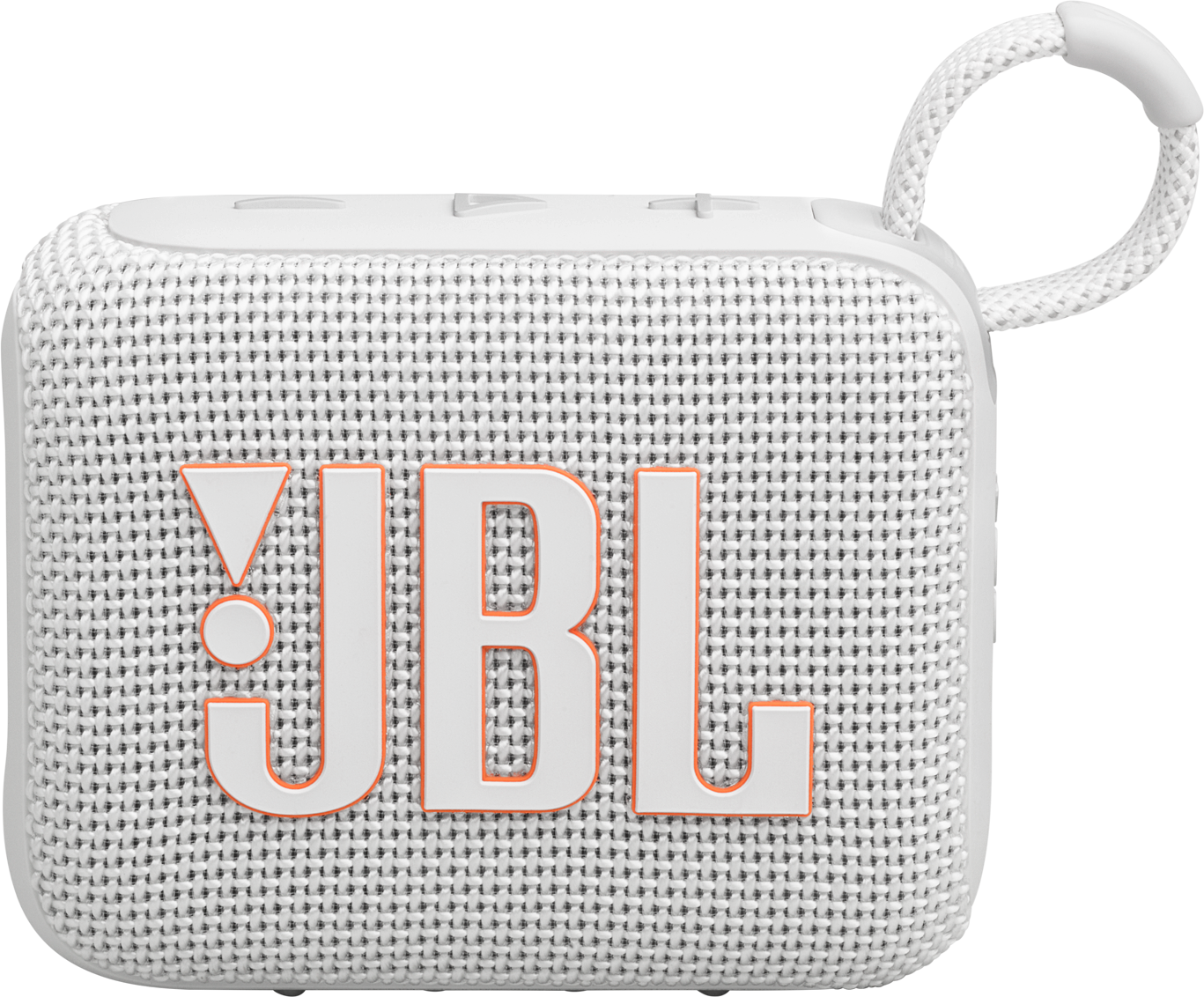 Enceinte JBL blanche avec logo et lanière orange. Face avant en tissu maillé.