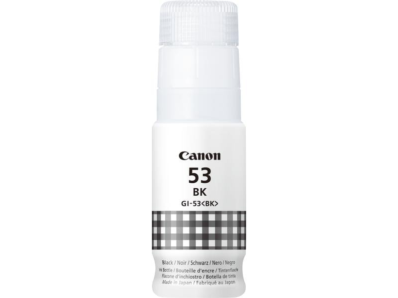 Canon Tintenflasche, weiß mit einem Karomuster am Boden und Text auf dem Etikett.