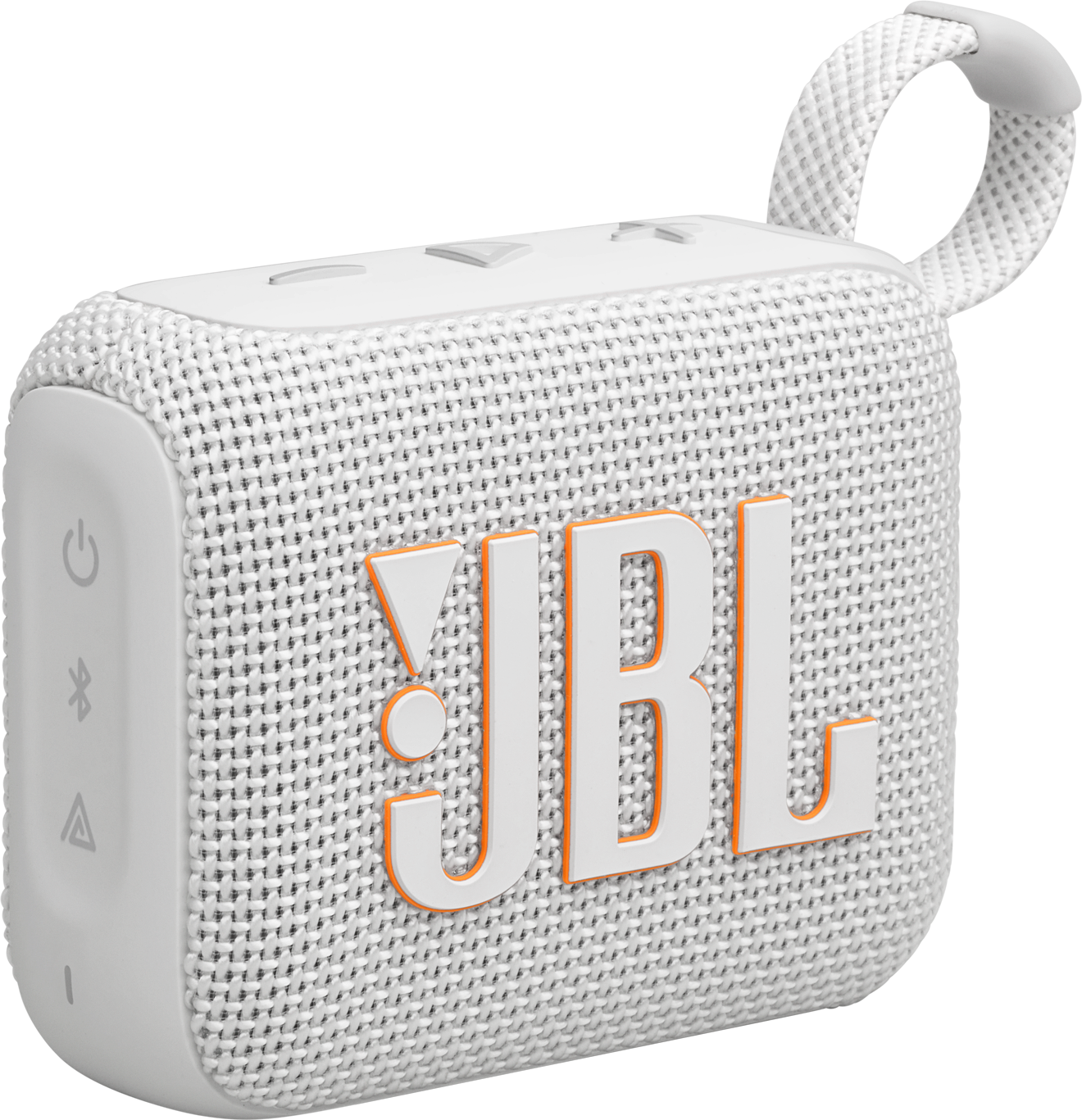 Un petit haut-parleur blanc avec le logo JBL en orange. Il a une poignée.
