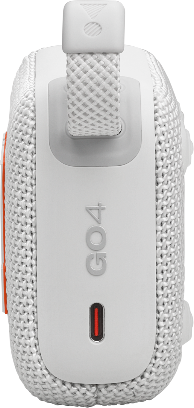Haut-parleur JBL blanc avec une sangle blanche et des touches d'orange.