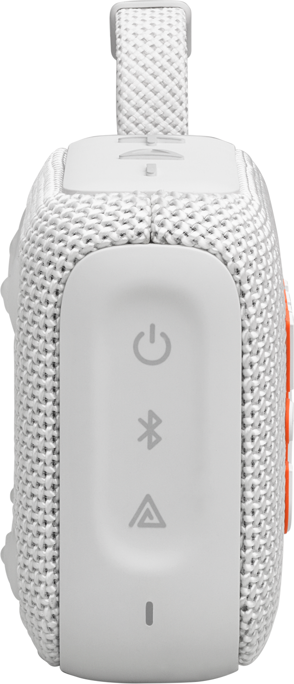 Un haut-parleur portable blanc avec des boutons d'alimentation, Bluetooth et volume.