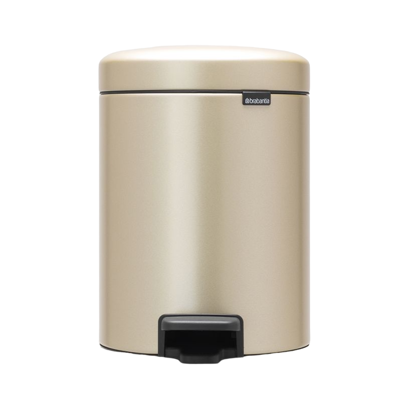 Goldfarbener Mülleimer mit schwarzem Trittpedal und Deckel, die Marke 'brabantia' ist sichtbar.