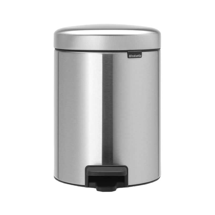 Edelstahl-Mülleimer, zylindrisch, schwarzes Fußpedal, Brabantia-Logo, Chrom-Finish, weißer Hintergrund.