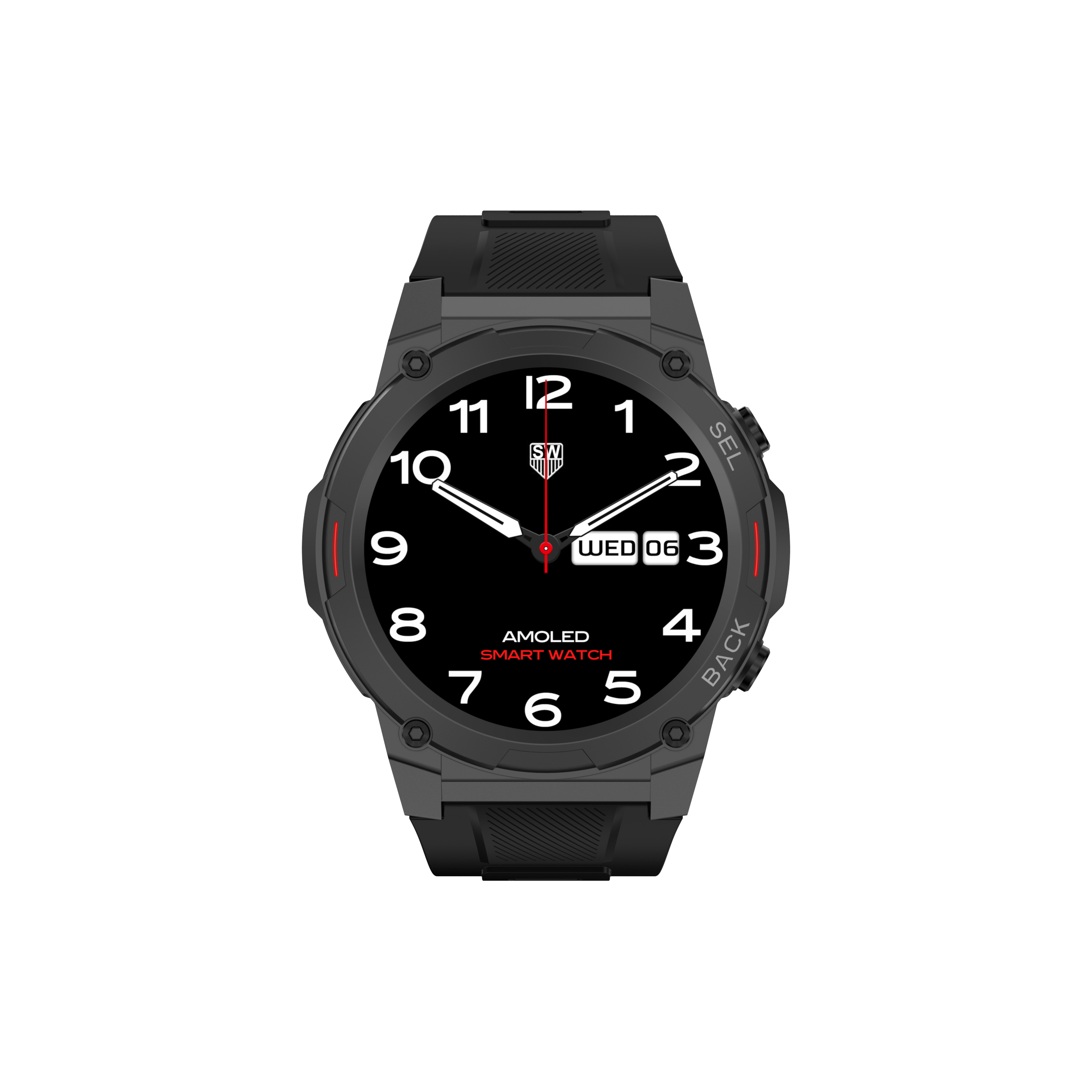 Czarny smartwatch z czarnym paskiem, wyświetlający godzinę i datę.