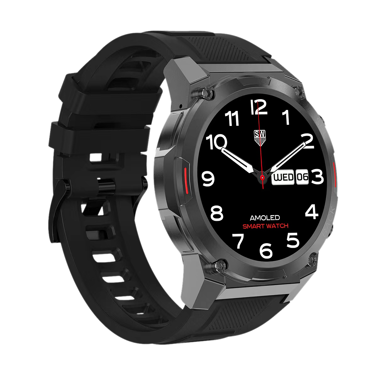 Smartwatch na czarnym pasku. Tarcza pokazuje datę i godzinę.