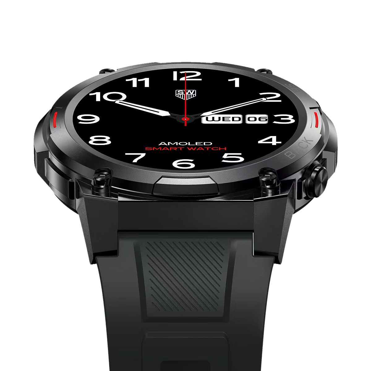 Czarny smartwatch z okrągłym wyświetlaczem i czarnym paskiem.