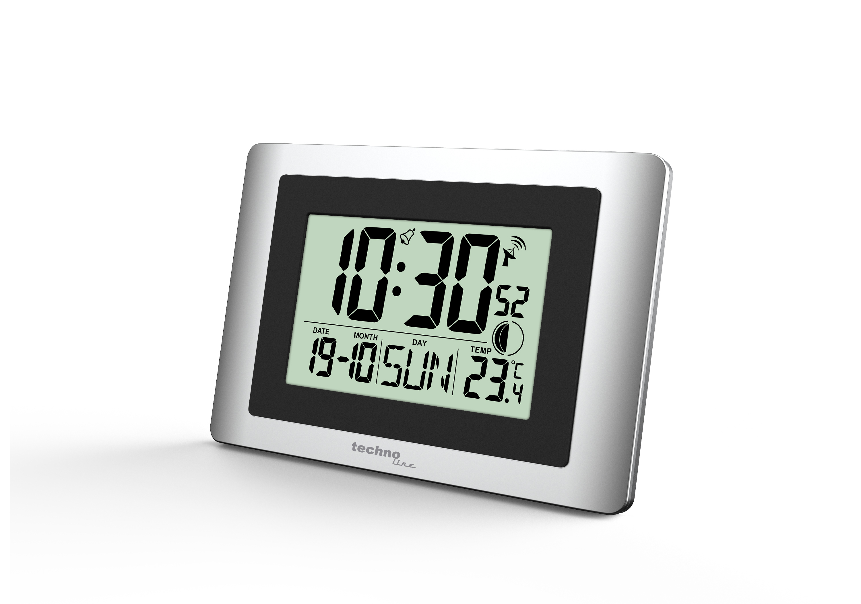 Eine silberne Digitaluhr, die Datum, Uhrzeit und Temperatur anzeigt.