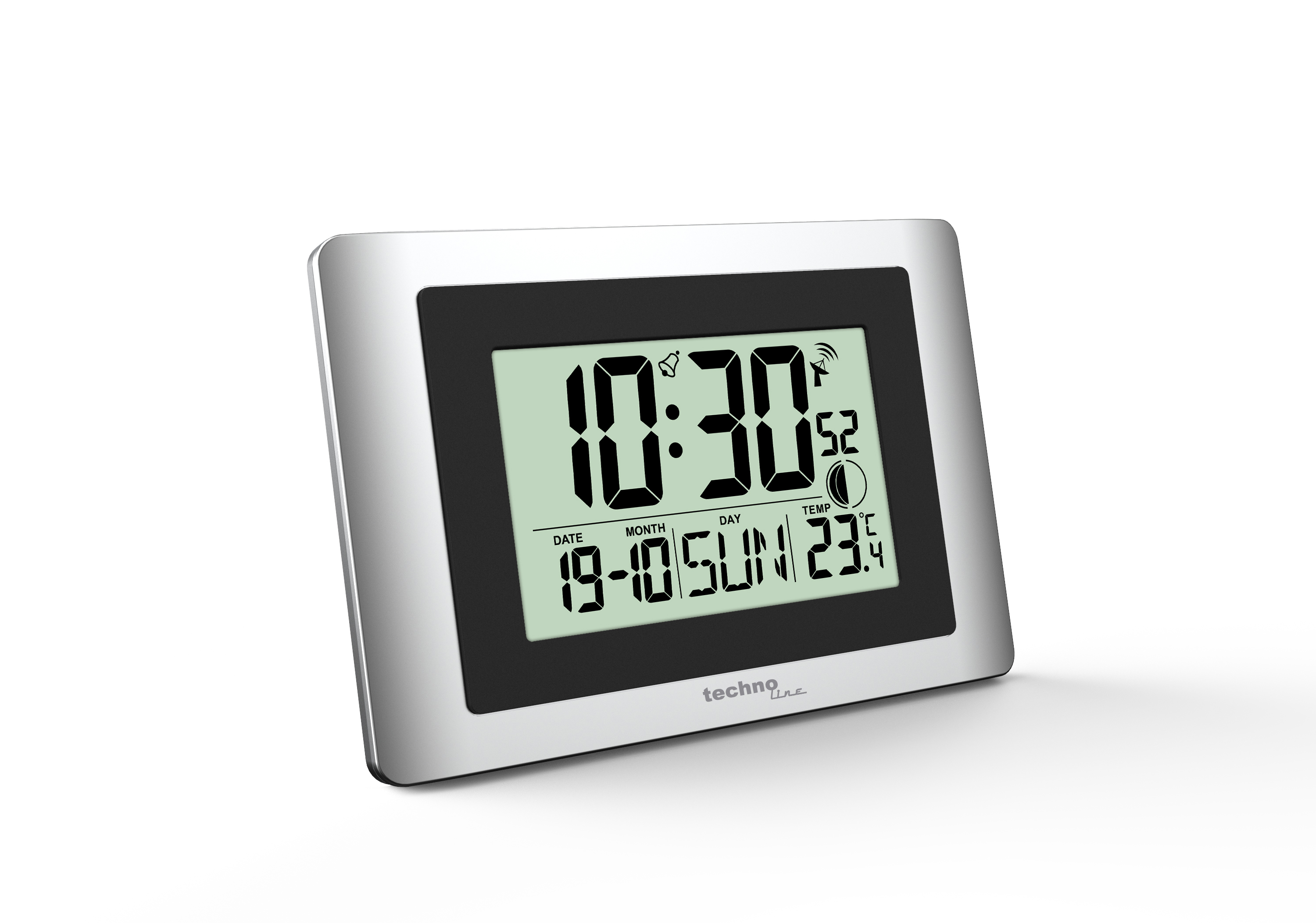 Silberne Digitaluhr zeigt Zeit, Datum und Temperatur an. Schwarzer Rahmen und die Marke Techno Line sind sichtbar.