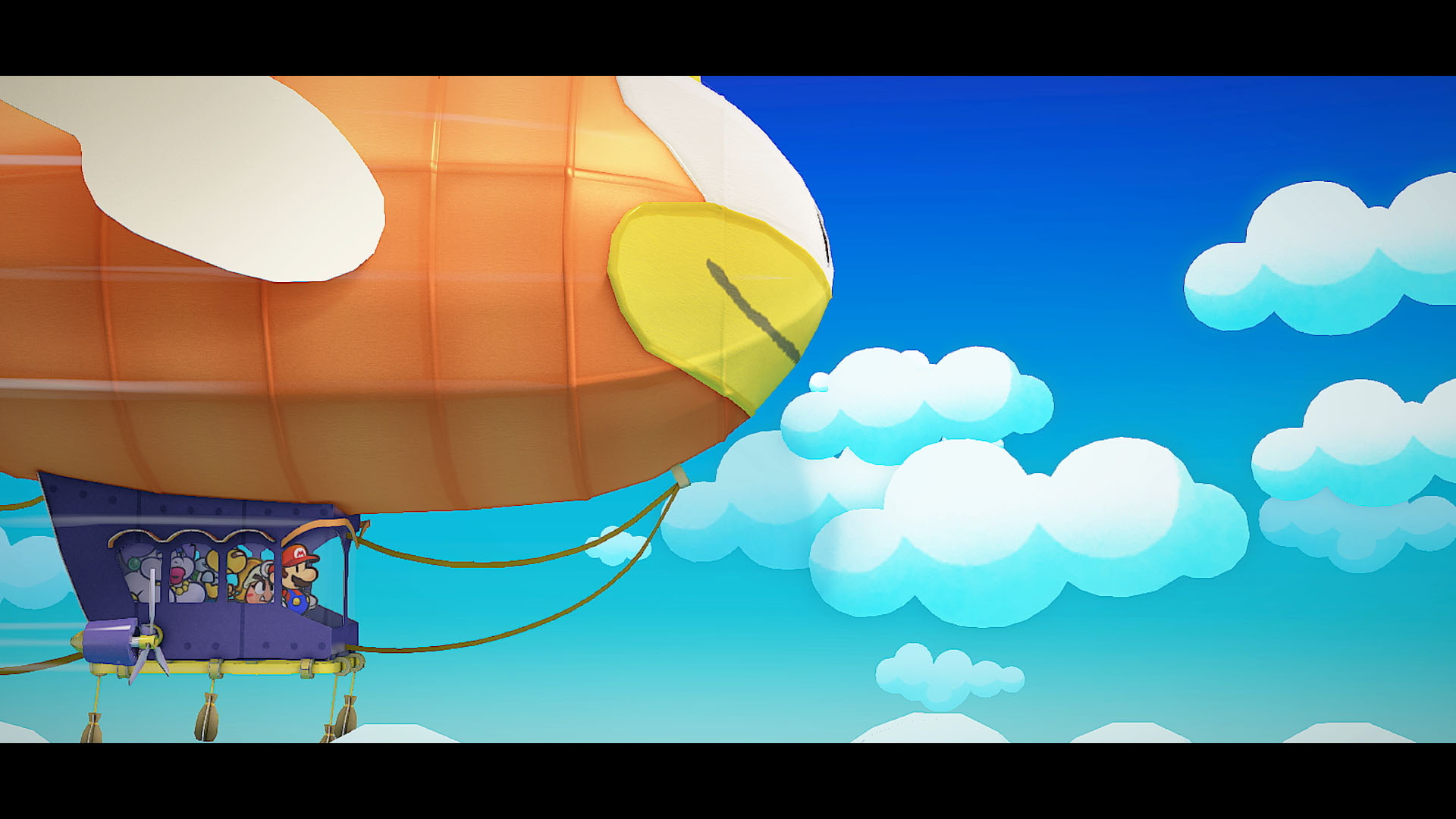 Scena animata: Mario e amici in un dirigibile su cielo blu con nuvole.