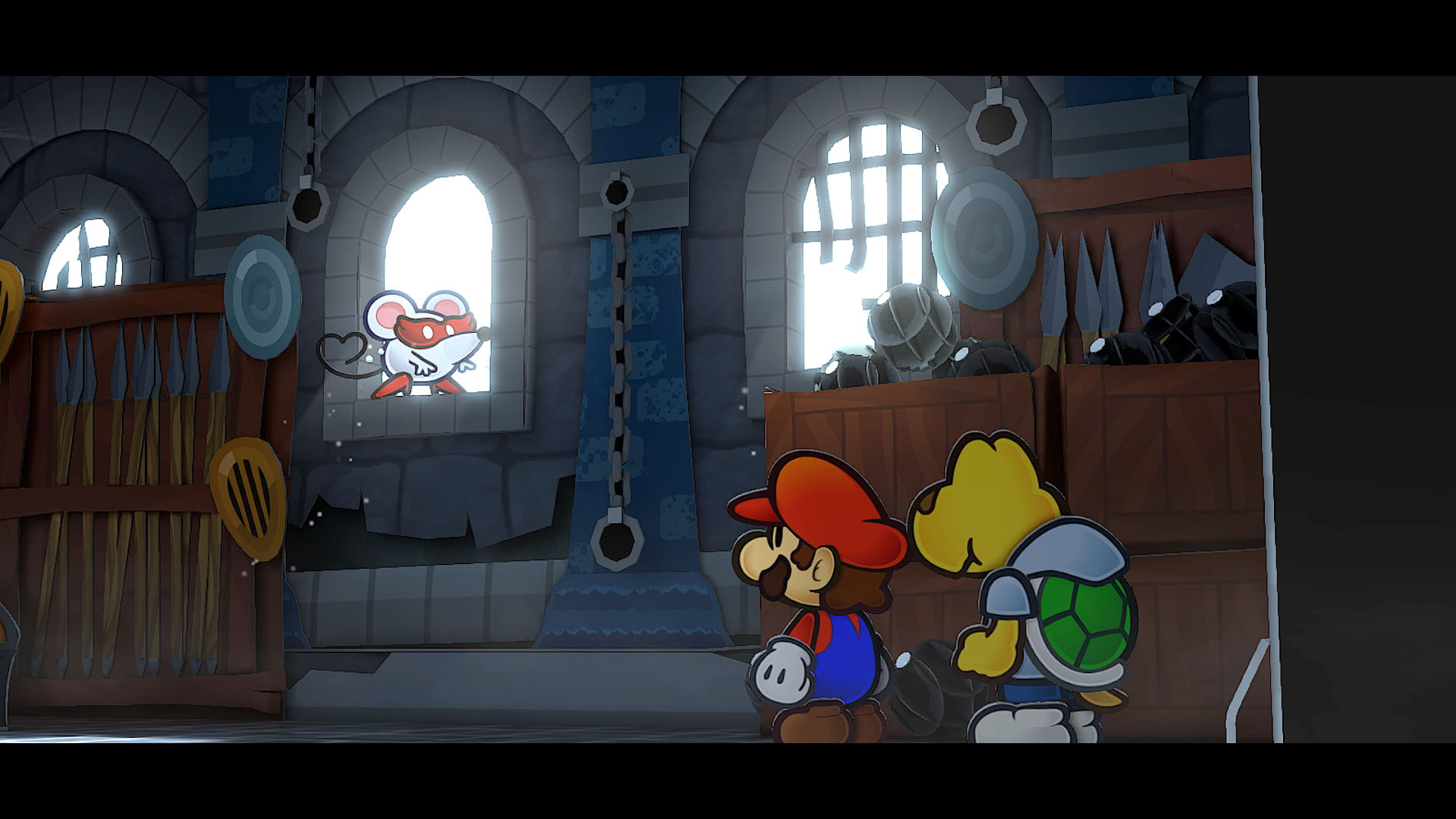 Paper Mario e amici in una scena del castello. Sfondo bianco.