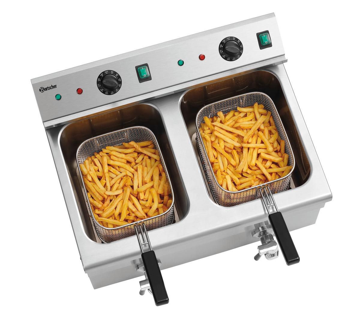 Doppelte Friteuse mit zwei Körben voller goldener Pommes Frites, Bedienelemente oben. Edelstahlgehäuse, schwarze Griffe.