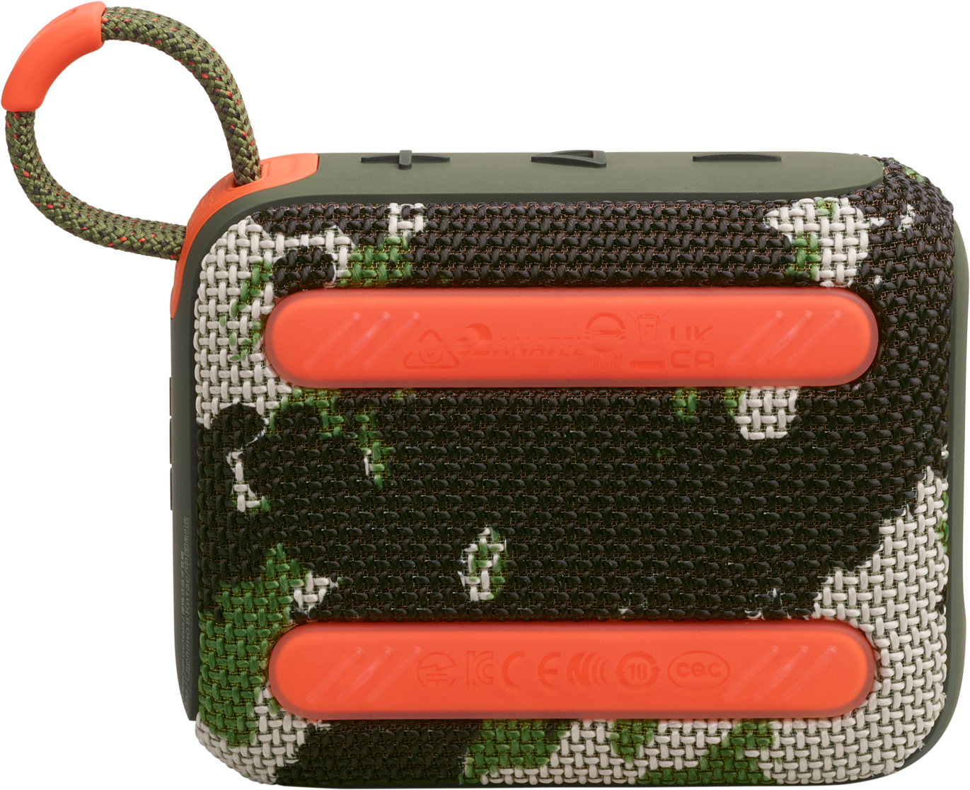 Petit haut-parleur camouflage avec des accents orange. Poignée et base orange. Boutons en haut.