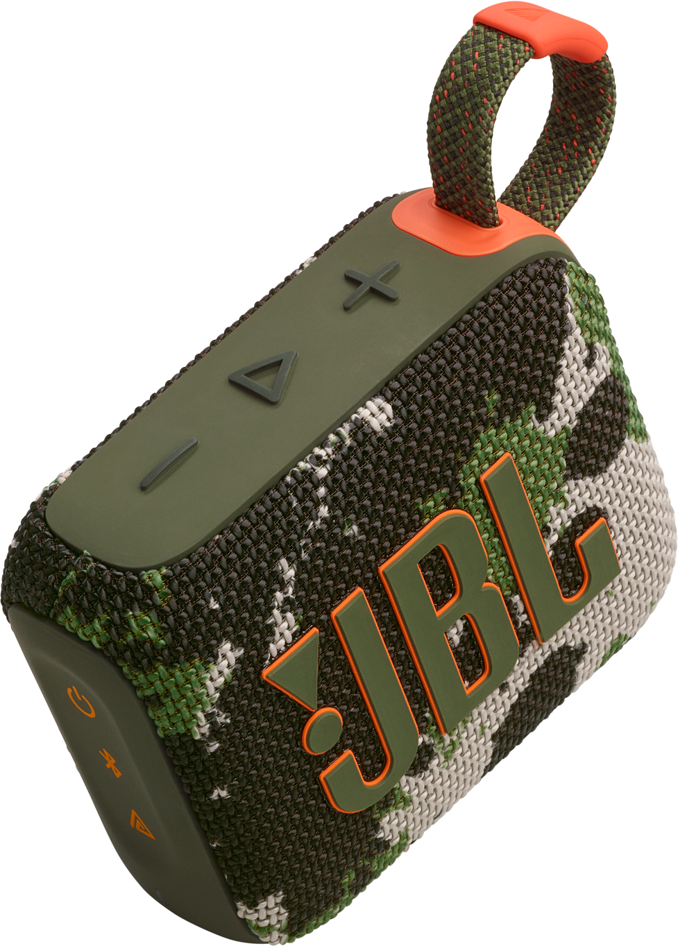 Enceinte JBL avec motif camouflage. Couleurs vert et orange. Poignée dessus. Logo visible.