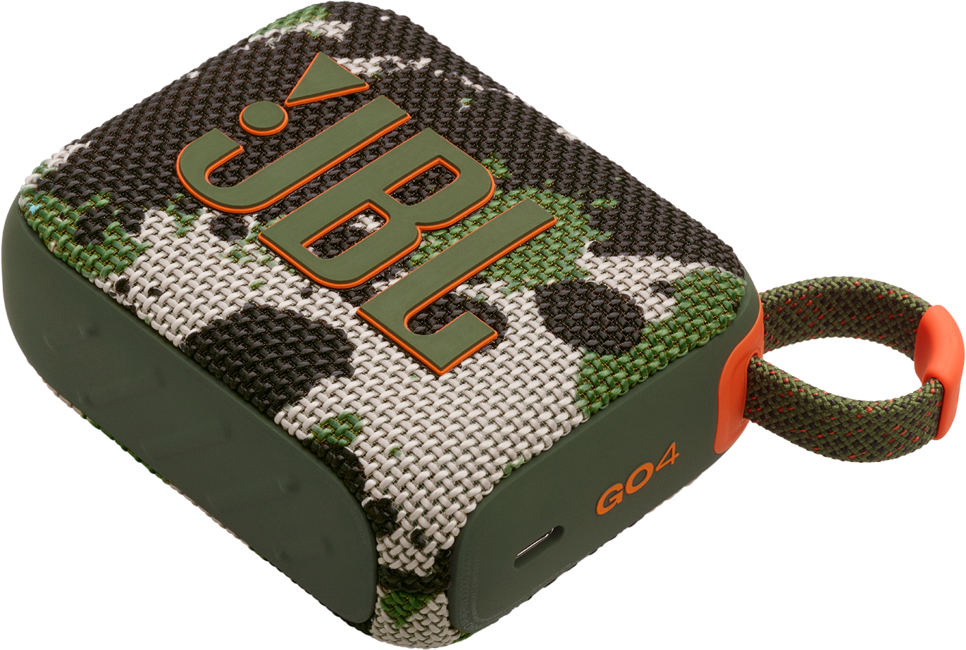 Petit haut-parleur JBL camouflage avec des touches d'orange. Le haut-parleur a une sangle de transport.