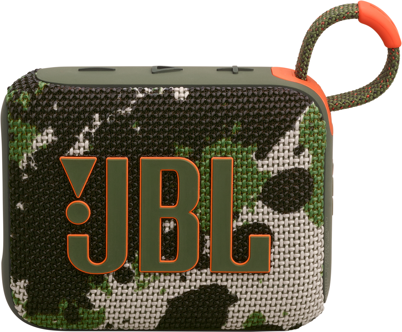 Haut-parleur JBL camouflage avec logo JBL orange. Sangle orange sur le dessus. Vue en angle.