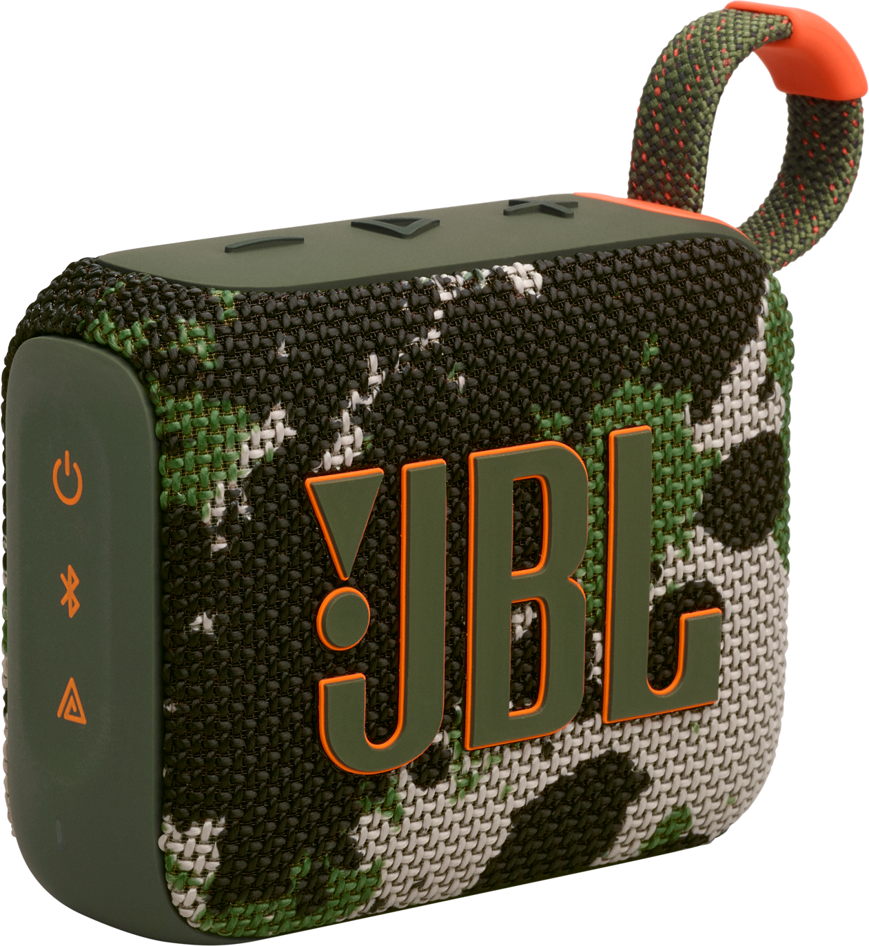 Un haut-parleur JBL vert et camouflage avec texte orange et une poignée.