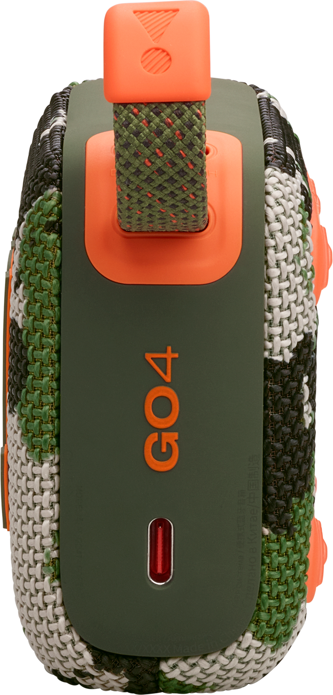 Un haut-parleur vert et camouflage avec des accents orange et une sangle de transport, le modèle GO4 est visible.