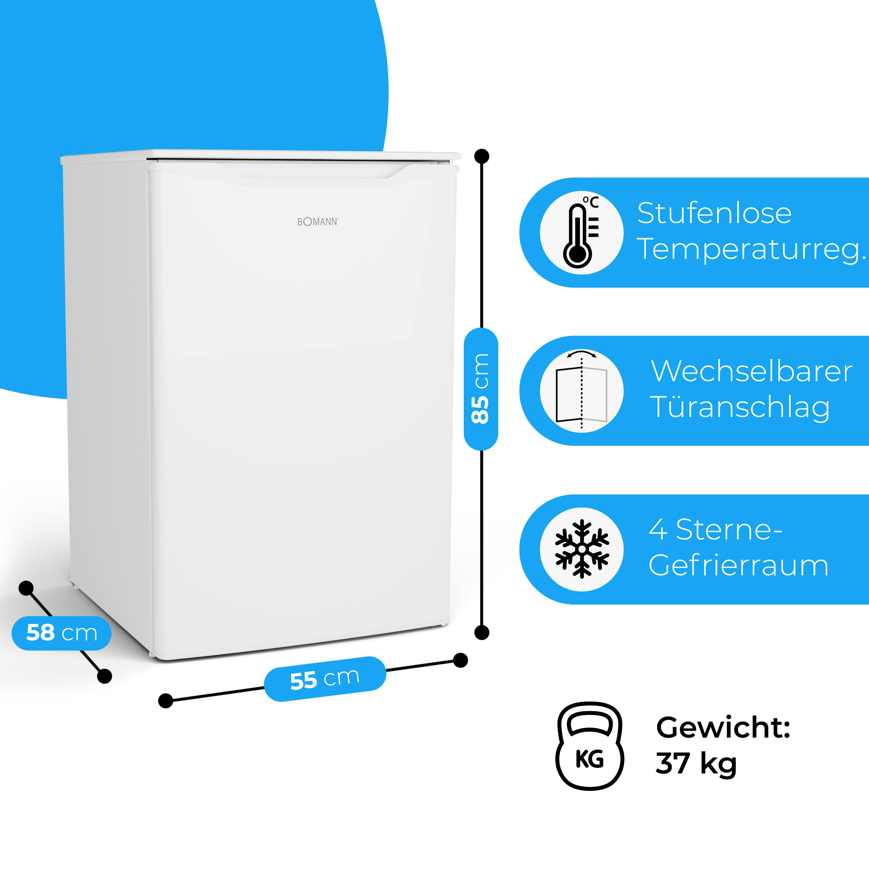 Weißer Minikühlschrank mit Abmessungen, einschließlich Thermometer-Symbol und 37 kg Gewicht.