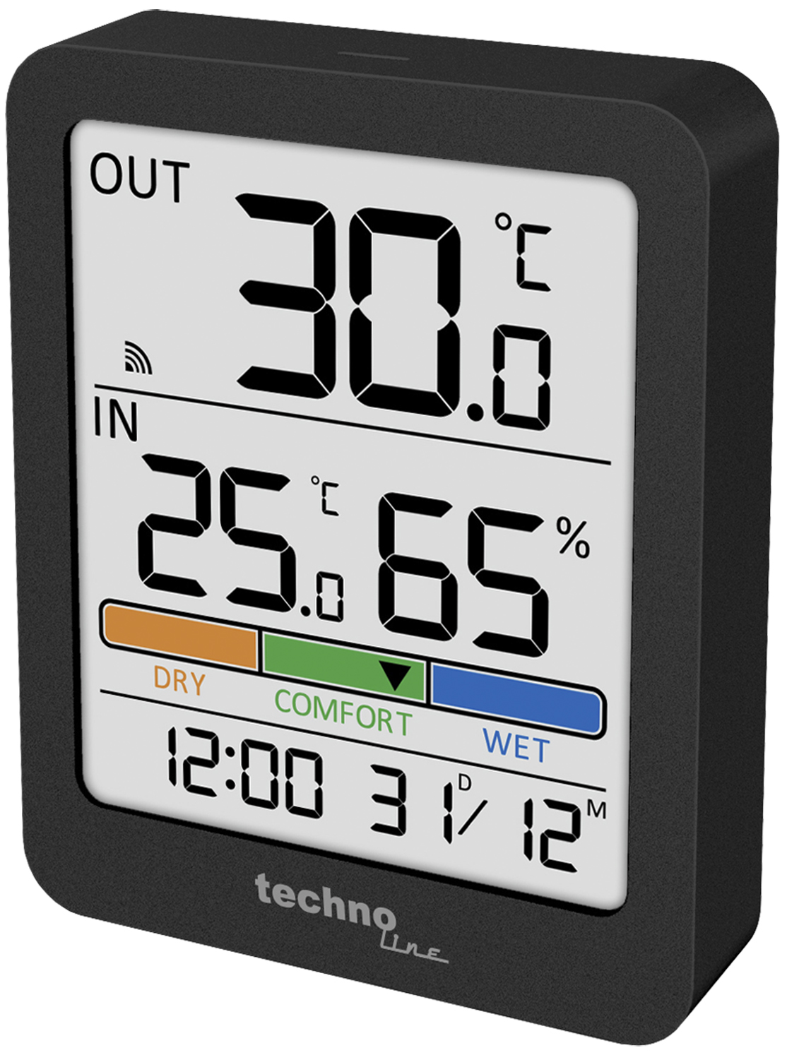 Digitales Thermometer zeigt Temperatur (30,0°C) und Luftfeuchtigkeit (25,65%) an. Zeigt Komfort.