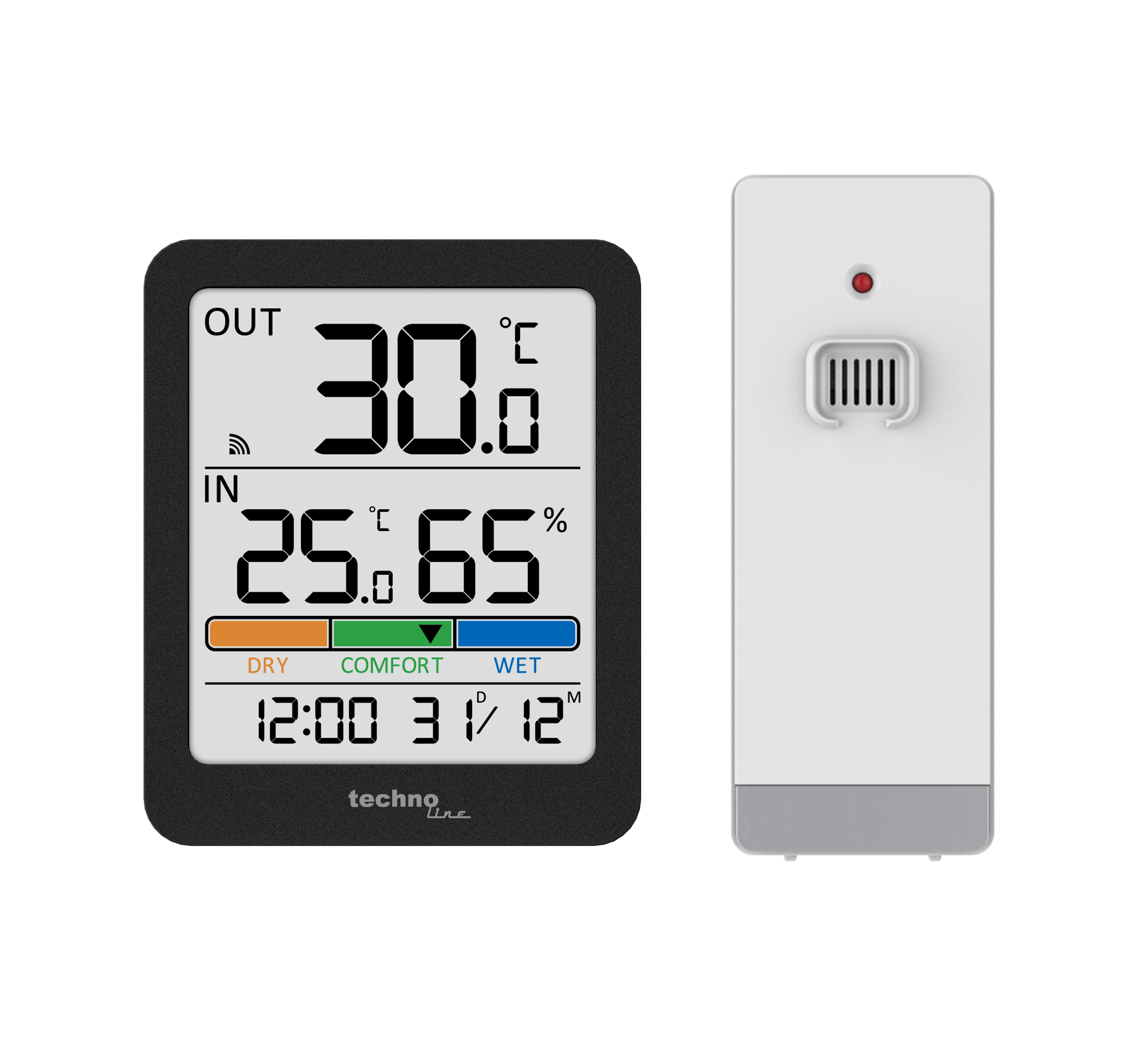 Digitale Wetterstation mit OUT 30,0°C, IN 25,0°C, 65% Luftfeuchtigkeit, 12:00, 31/12. Schwarz-Weiß.