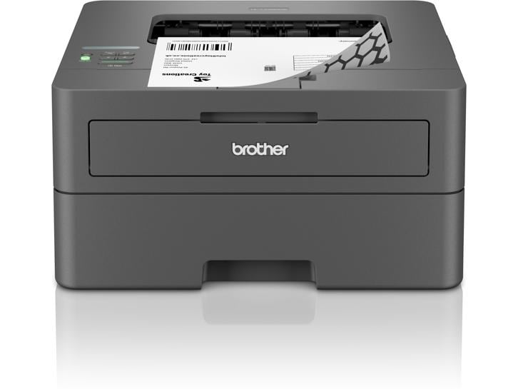 Imprimante Brother grise avec du papier qui sort et le mot "brother".