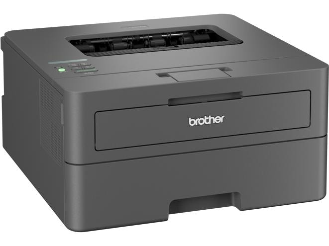 Une imprimante Brother gris foncé avec un bac à papier et des boutons de commande.