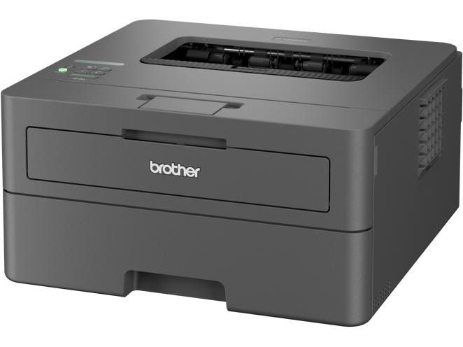 Une imprimante laser Brother noire. C'est un design rectangulaire avec un tiroir et des boutons sur le dessus.